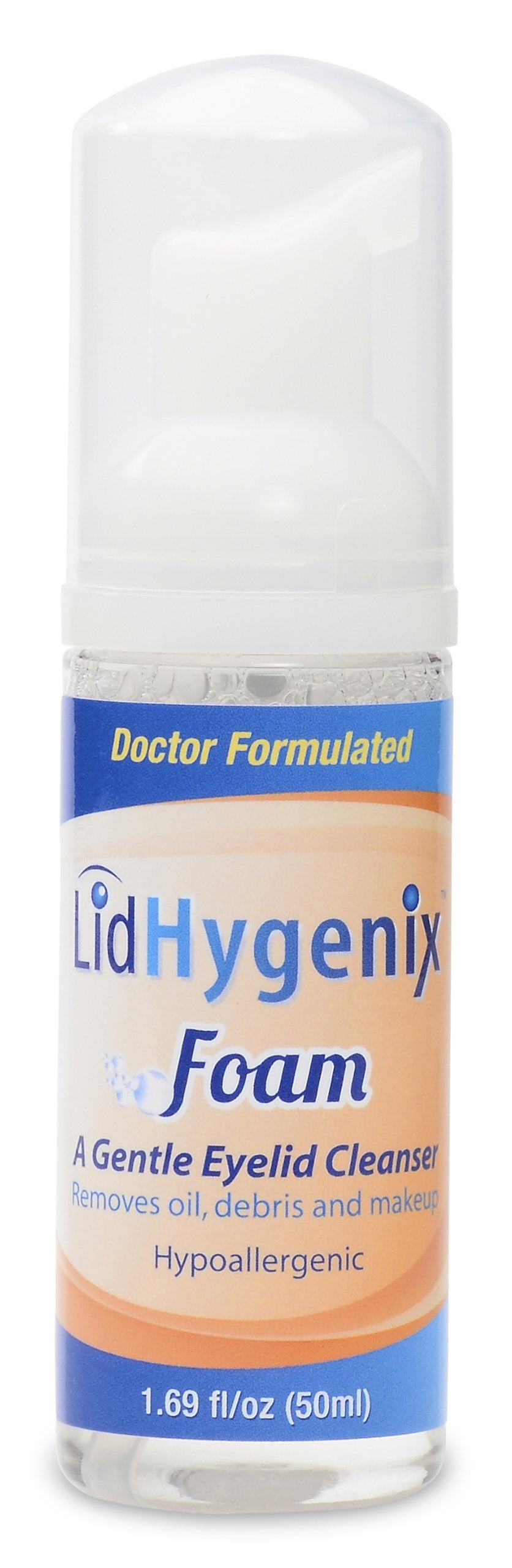 Flywrun LidHygenix foam eyelid cleanser bottle for daily lid hygiene and makeup removal.