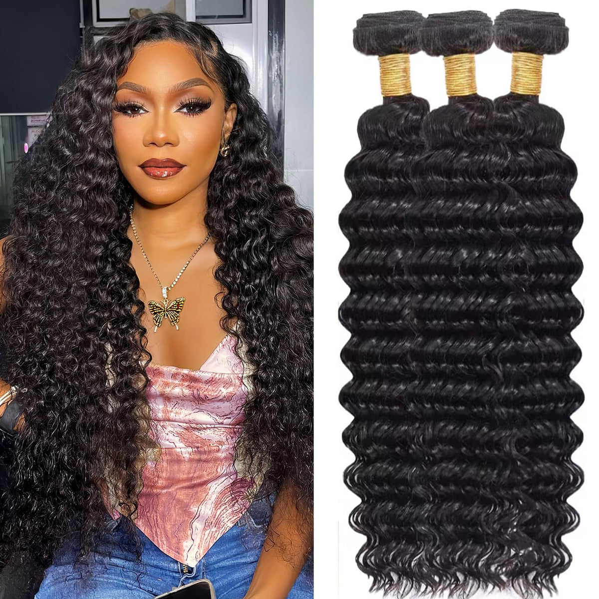 Flyzhuim deep wave bundle 22in close-up shows silky natural texture for a seamless look.