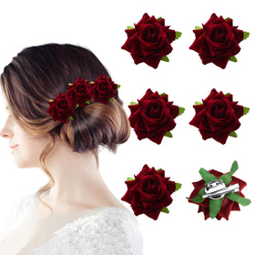 Fmoysien burgundy rose hair clip close-up for elegant styling and romance