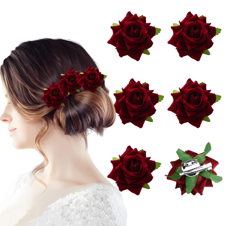 Fmoysien burgundy rose hair clip close-up for elegant styling and romance
