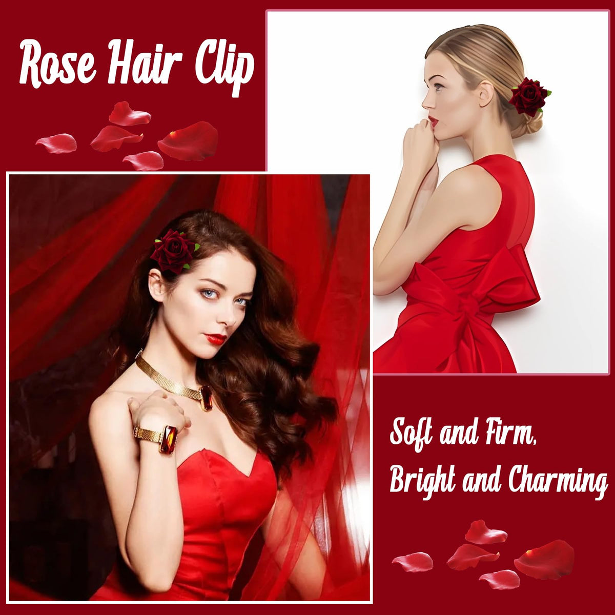 Fmoysien burgundy velvet rose clip on a hairstyle for wedding look