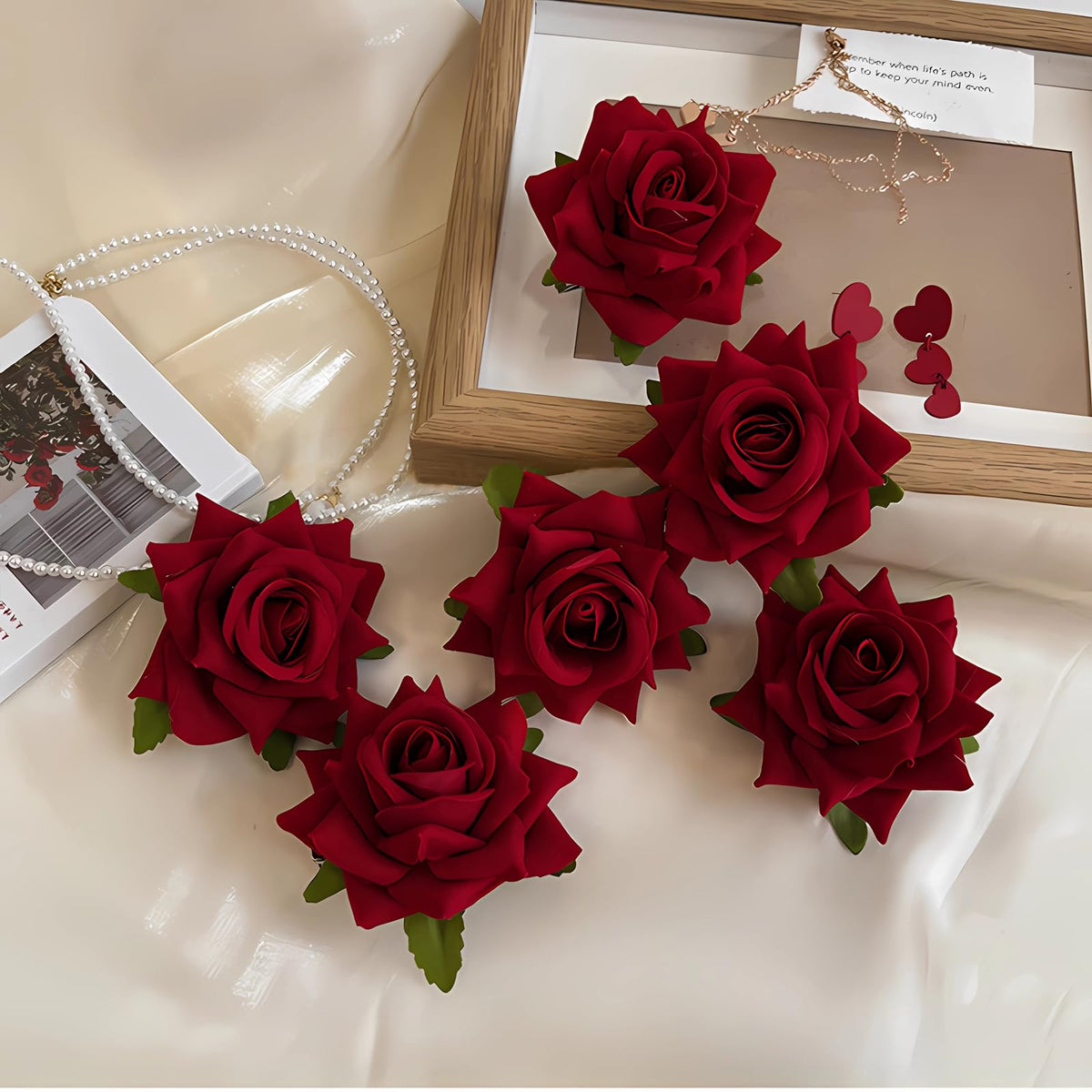 Fmoysien velvet rose clip in use for date night hairstyle