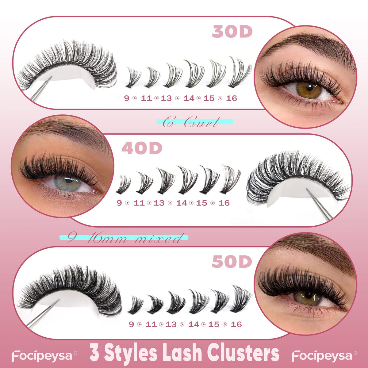 Focipeysa C-curl lash clusters reveal lifted eye appearance with comfortable wear.