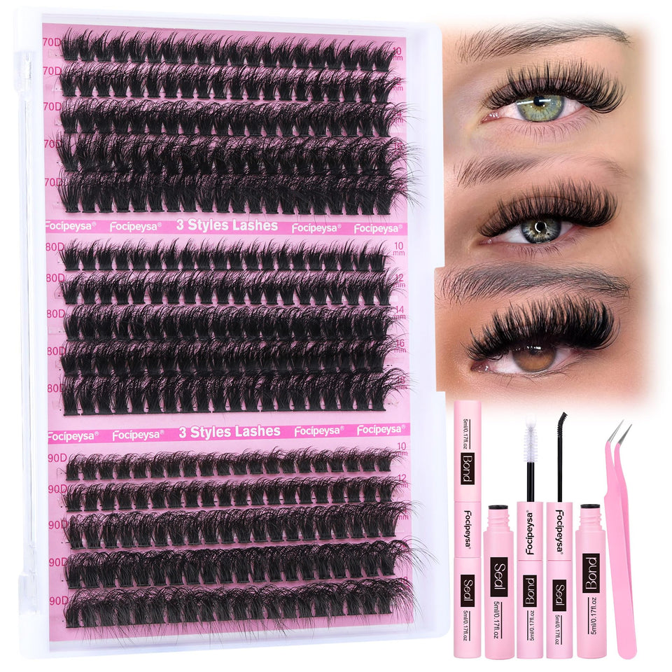 Focipeysa full volume kit with 70D-90D clusters for dramatic at-home lashes.