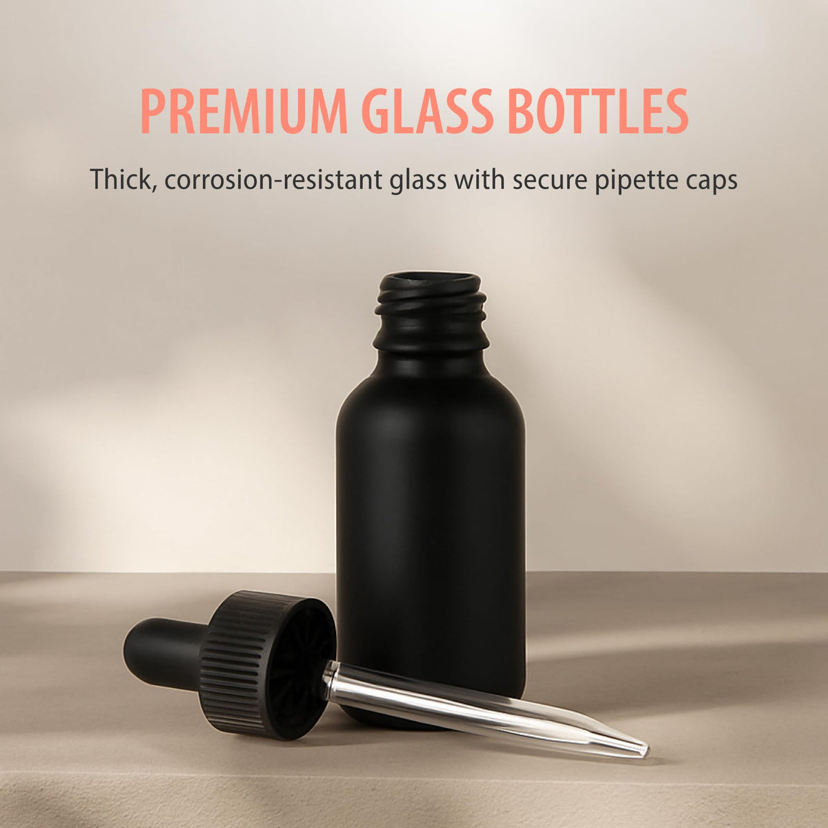 Focus Nutrition black Boston round 1oz dropper bottle cap close-up showing precise dropper tip.