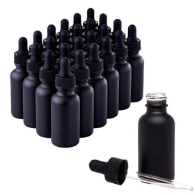 Focus Nutrition black Boston round 1oz dropper bottle front view for essential oil storage.
