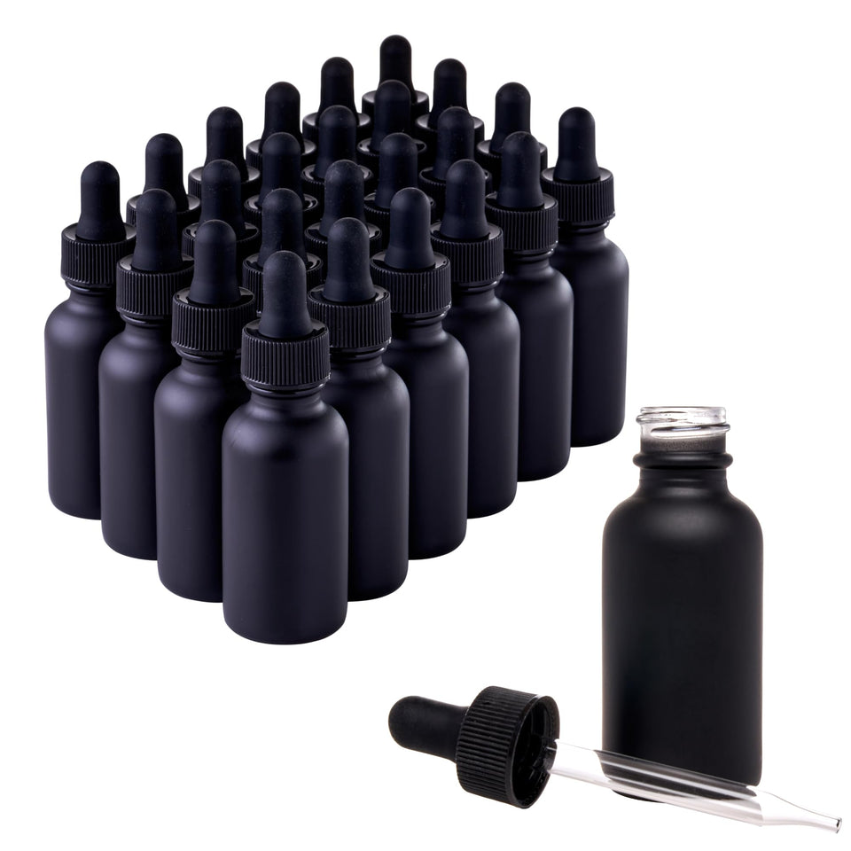 Focus Nutrition black Boston round 1oz dropper bottle front view for essential oil storage.