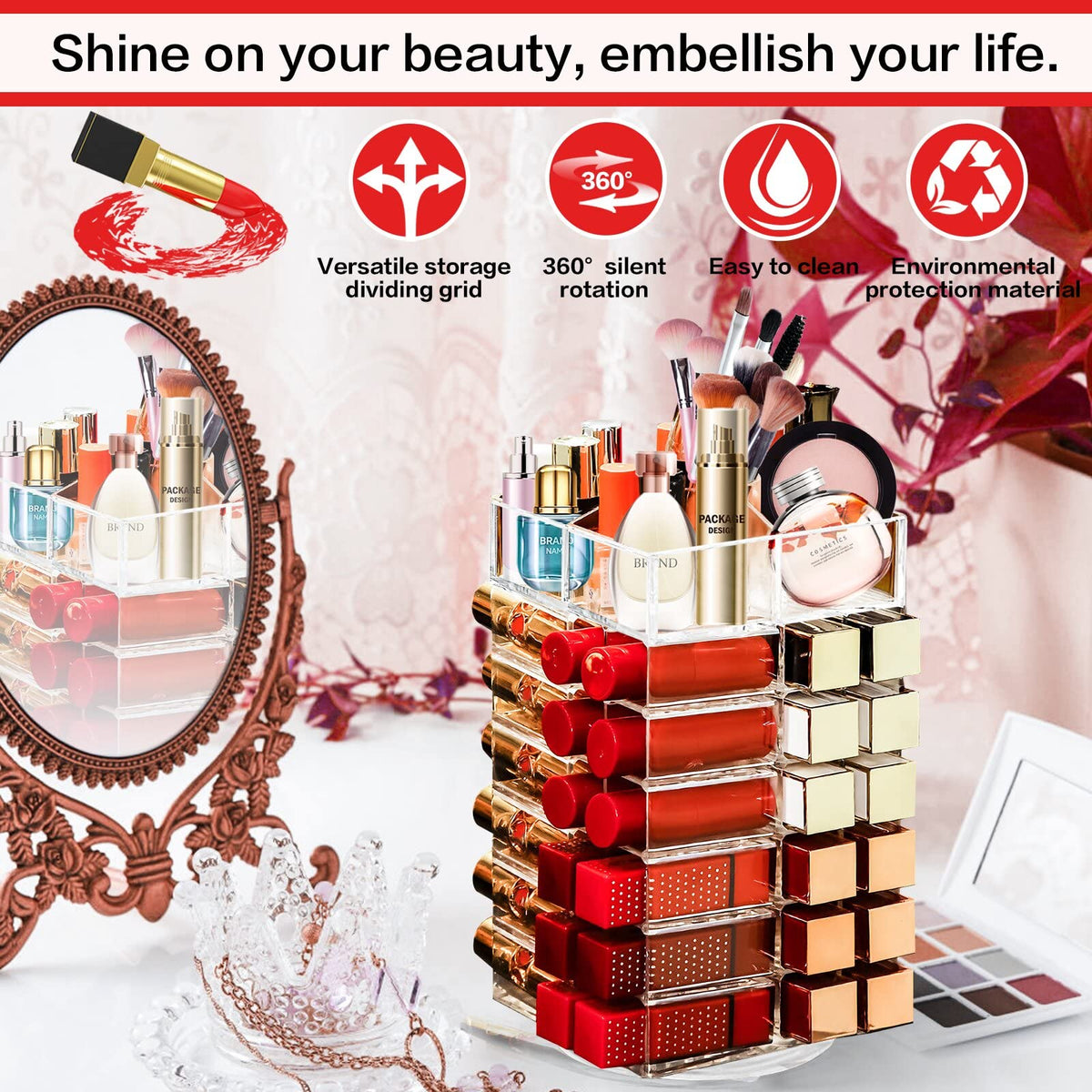 FODIENS lipstick organizer with 53 slots keeps collection organized.