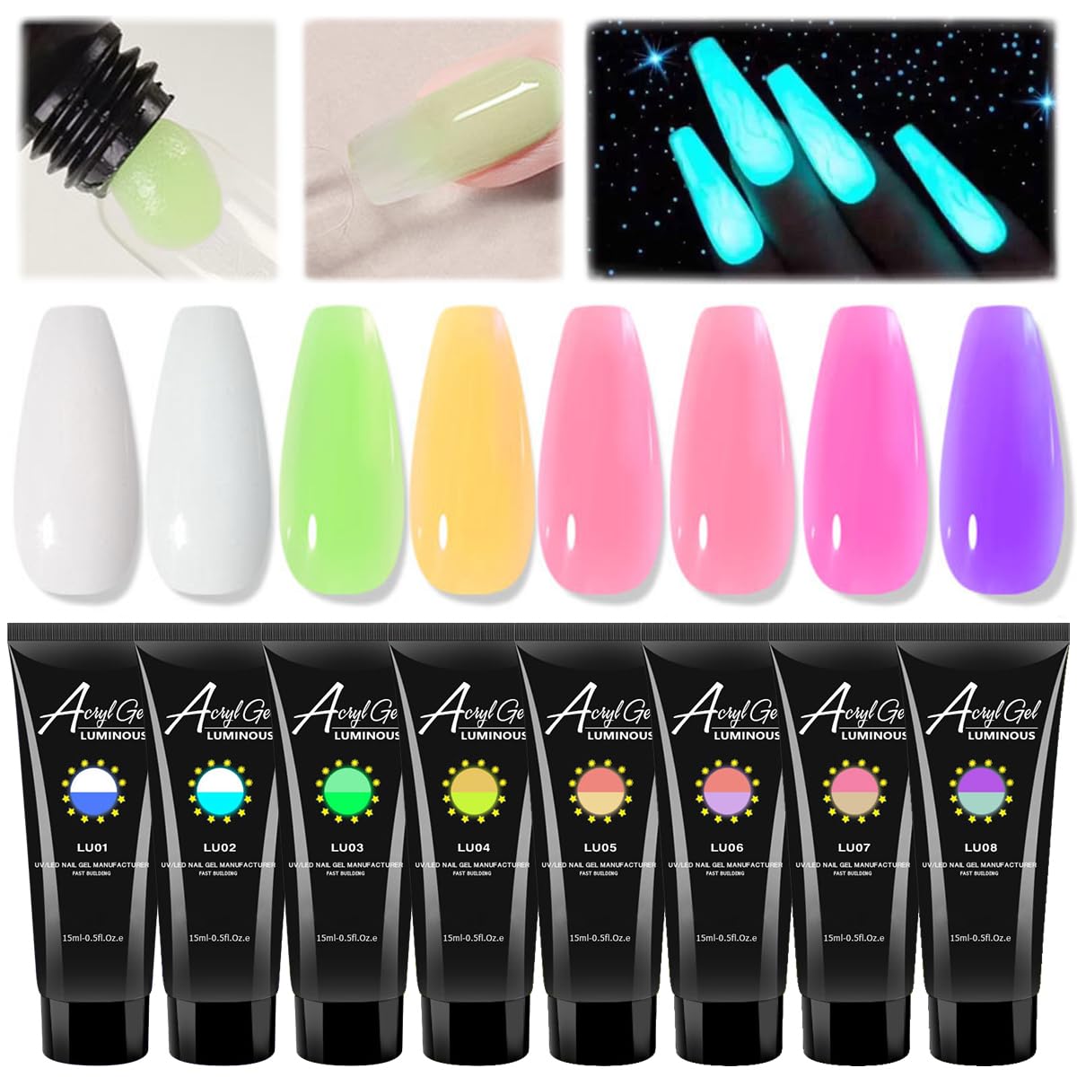 Fokostar eight-colors polygel nails palette showcases vibrant glow colors for DIY nail art inspiration.