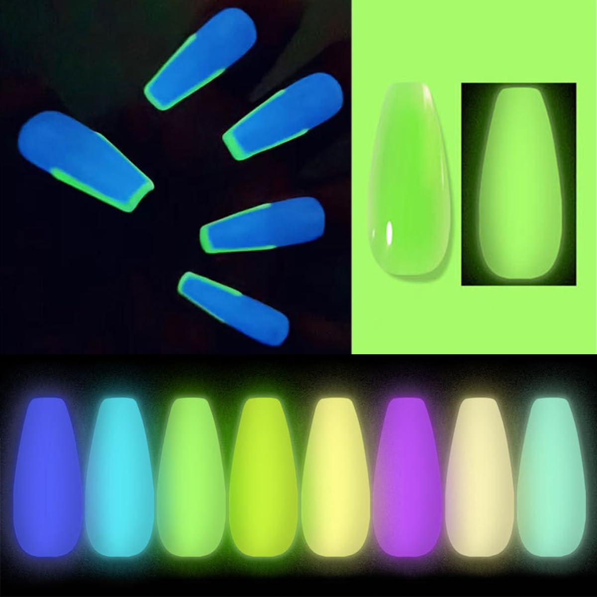 Fokostar glow-in-the-dark polygel nails illuminate nails for playful impact.
