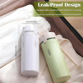 FOLALIFE 4-in-1 travel dispenser compartments show organized 4x30ml containers for shampoo and lotion.