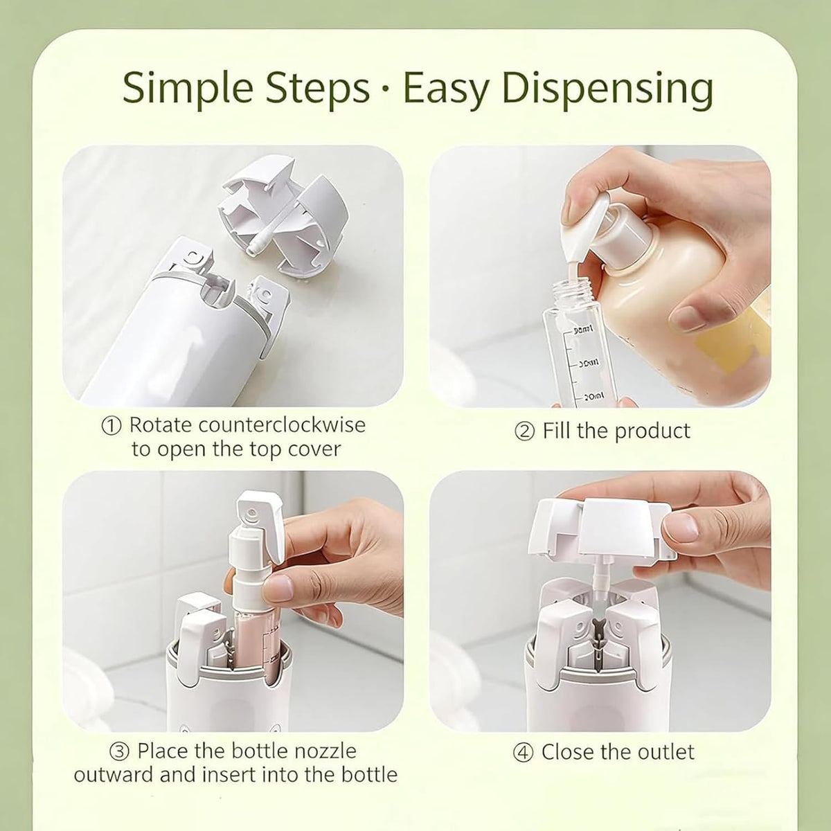 FOLALIFE easy-dispensing system promotes controlled dispensing for shampoo, conditioner, and cream on trips.