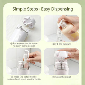 FOLALIFE easy-dispensing system promotes controlled dispensing for shampoo, conditioner, and cream on trips.