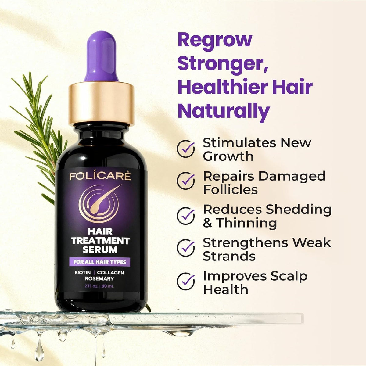 FOLICARE bottle showcases rosemary and castor oils used in formula.
