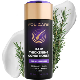 FOLICARE Hair Thickening Conditioner bottle pour showcases a volumizing, color-safe treatment.