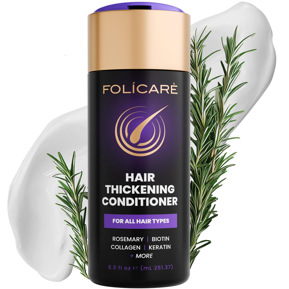 FOLICARE Hair Thickening Conditioner bottle pour showcases a volumizing, color-safe treatment.