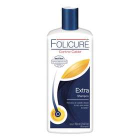 Folicure Extra Shampoo biotin bottle pour highlights a biotin-rich formula for healthier-looking hair.