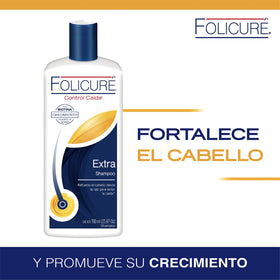 Folicure Extra Shampoo label biotin features nourishing ingredients for everyday use.