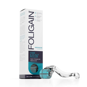 Foligain Derma Roller with 540 titanium needles enhances scalp stimulation and serum absorption.