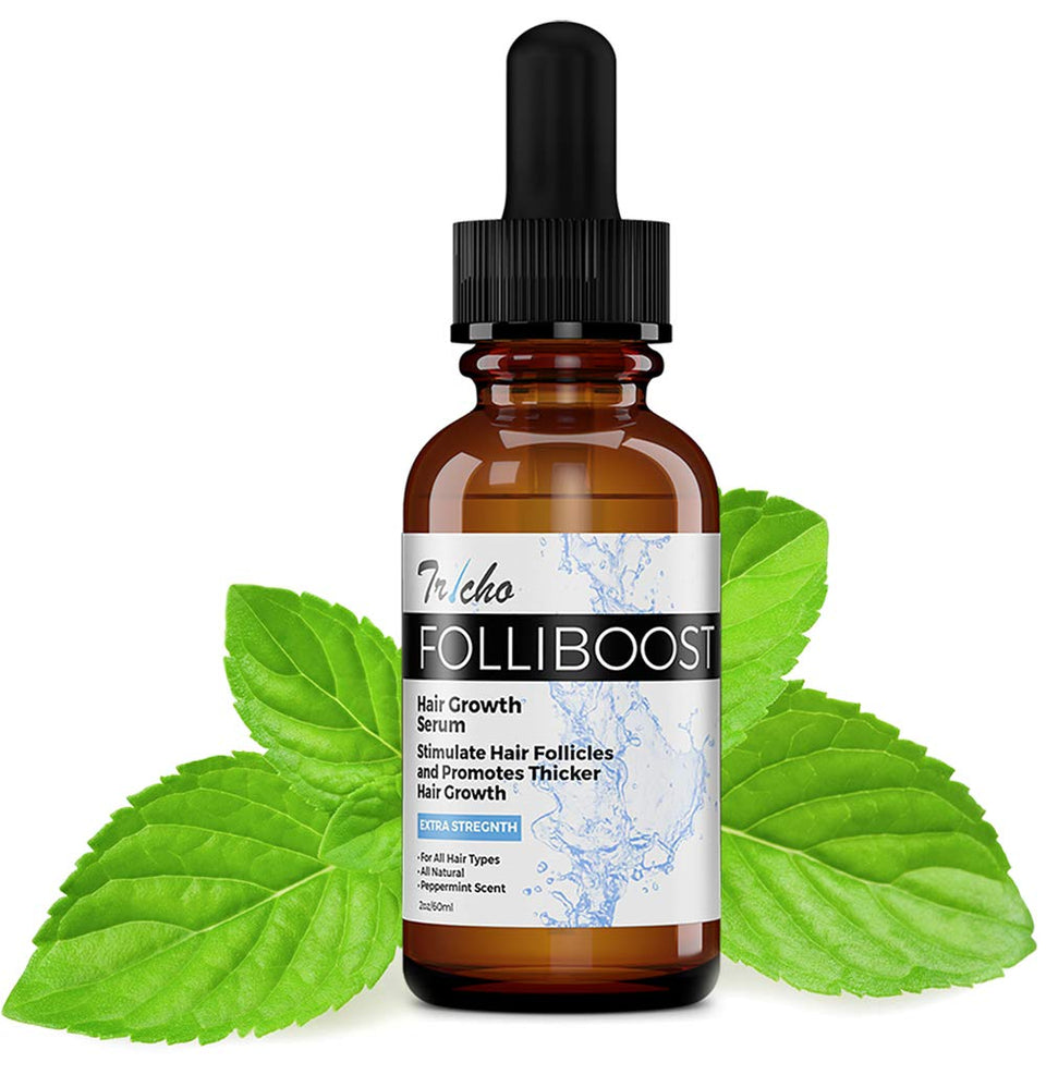 Folliboost serum bottle pour showing easy daily application for healthier-looking hair