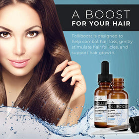 Folliboost serum dispensing scene highlights quick, mess-free dosing for regular use