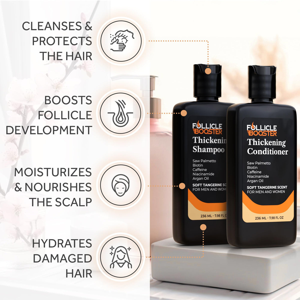 Follicle Booster biotin conditioner bottle with pump for easy daily use.