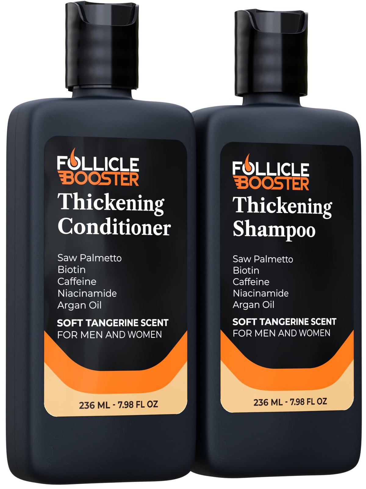 Follicle Booster biotin shampoo bottle front view highlighting volumizing formula for fuller-looking hair.
