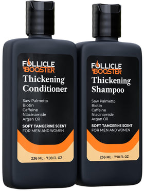 Follicle Booster biotin shampoo bottle front view highlighting volumizing formula for fuller-looking hair.