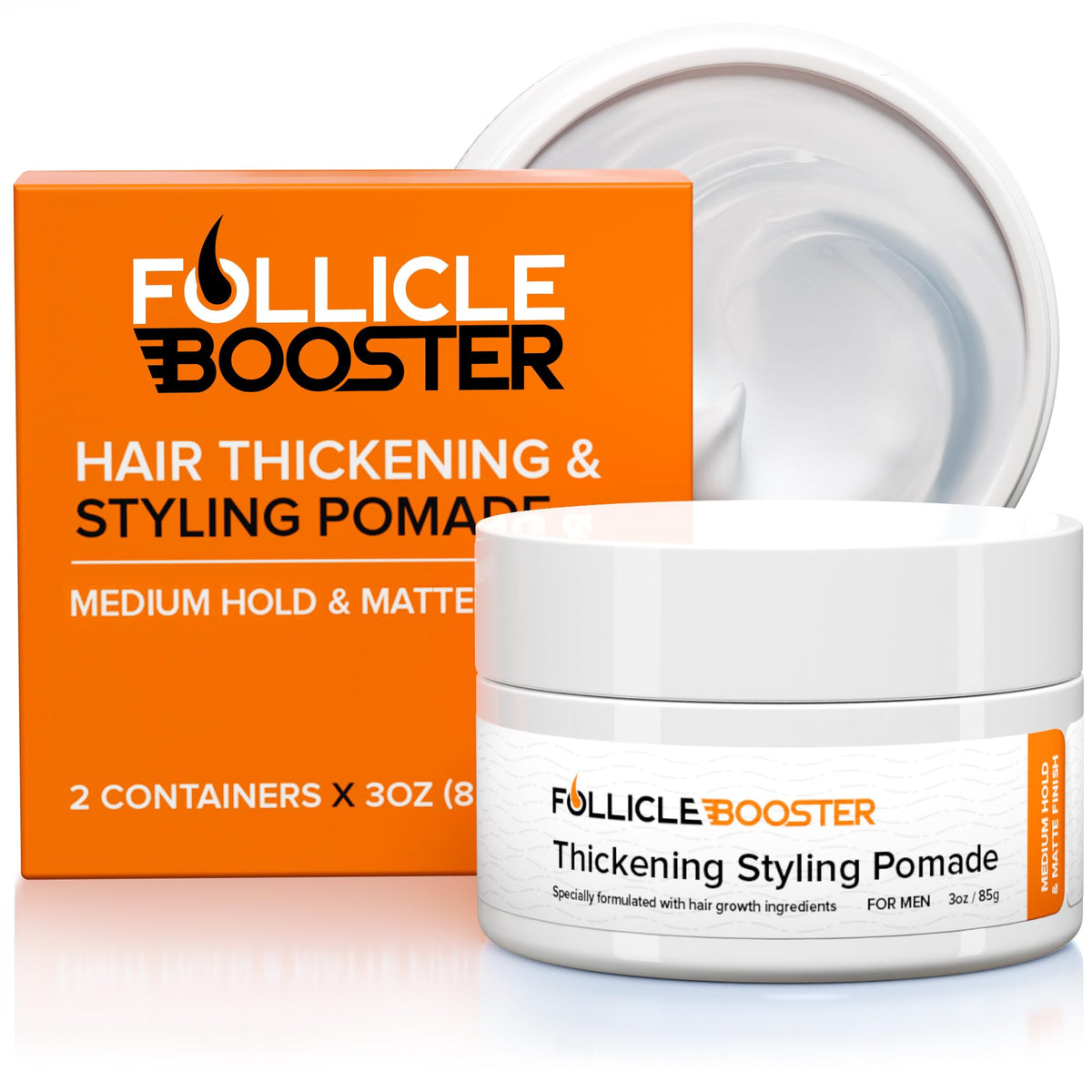 FOLLICLE BOOSTER bottle ready for daily styling with lightweight hold.