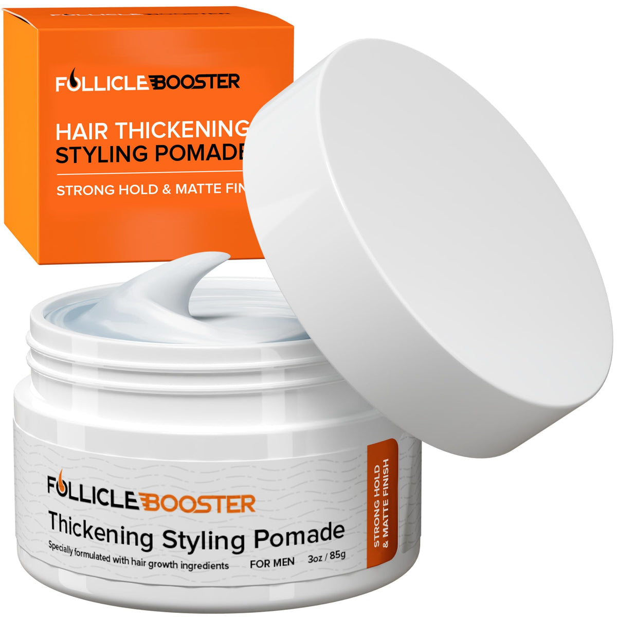 FOLLICLE BOOSTER thickening pomade bottle for strong daily styling.