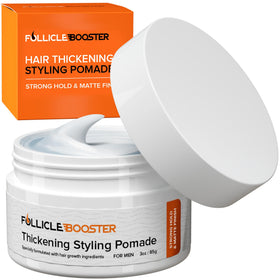 FOLLICLE BOOSTER thickening pomade bottle for strong daily styling.