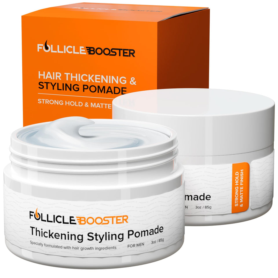Follicle Booster thickening pomade bottle showcasing natural actives for fuller-looking hair