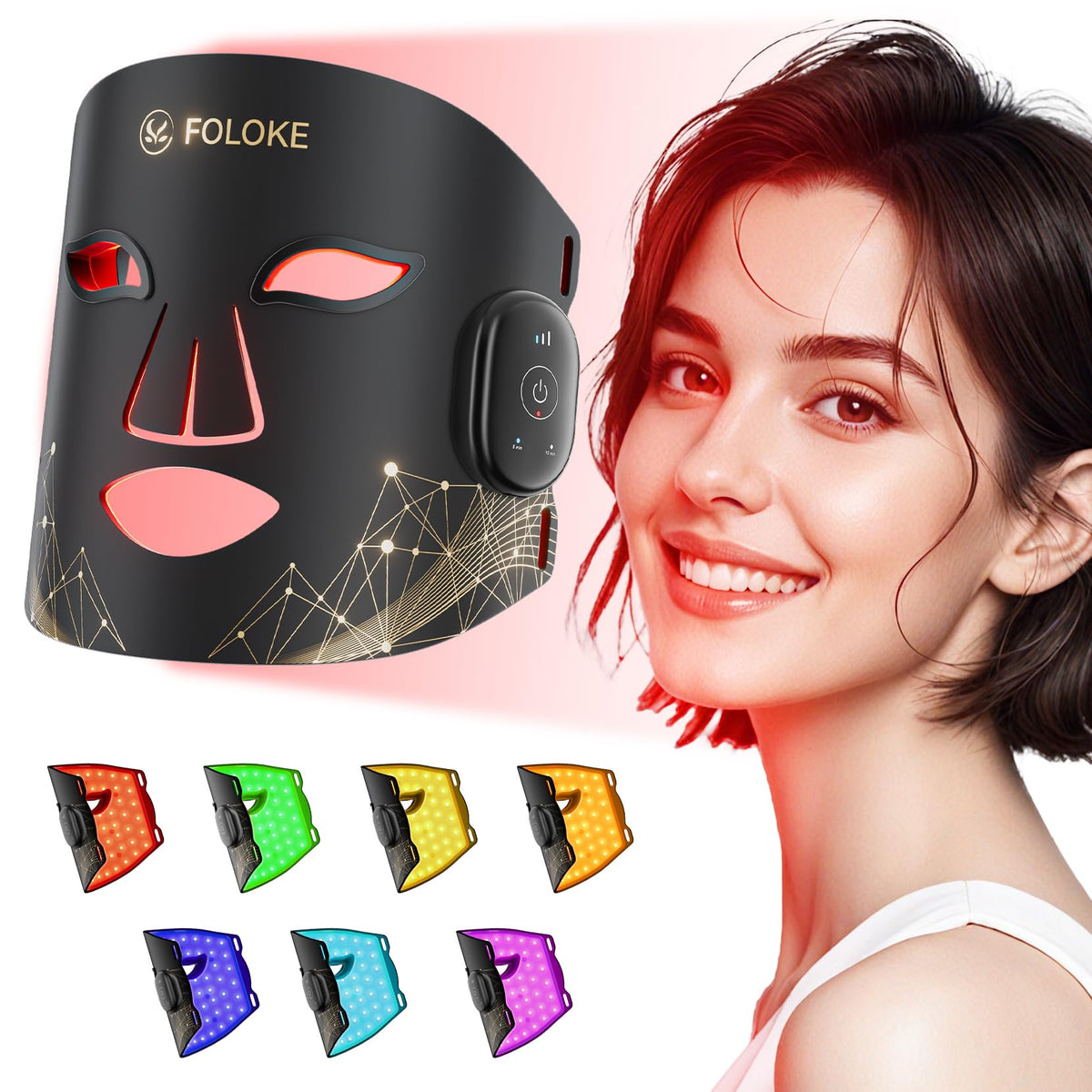 Foloke red light mask on the face for at-home skincare and rejuvenation.