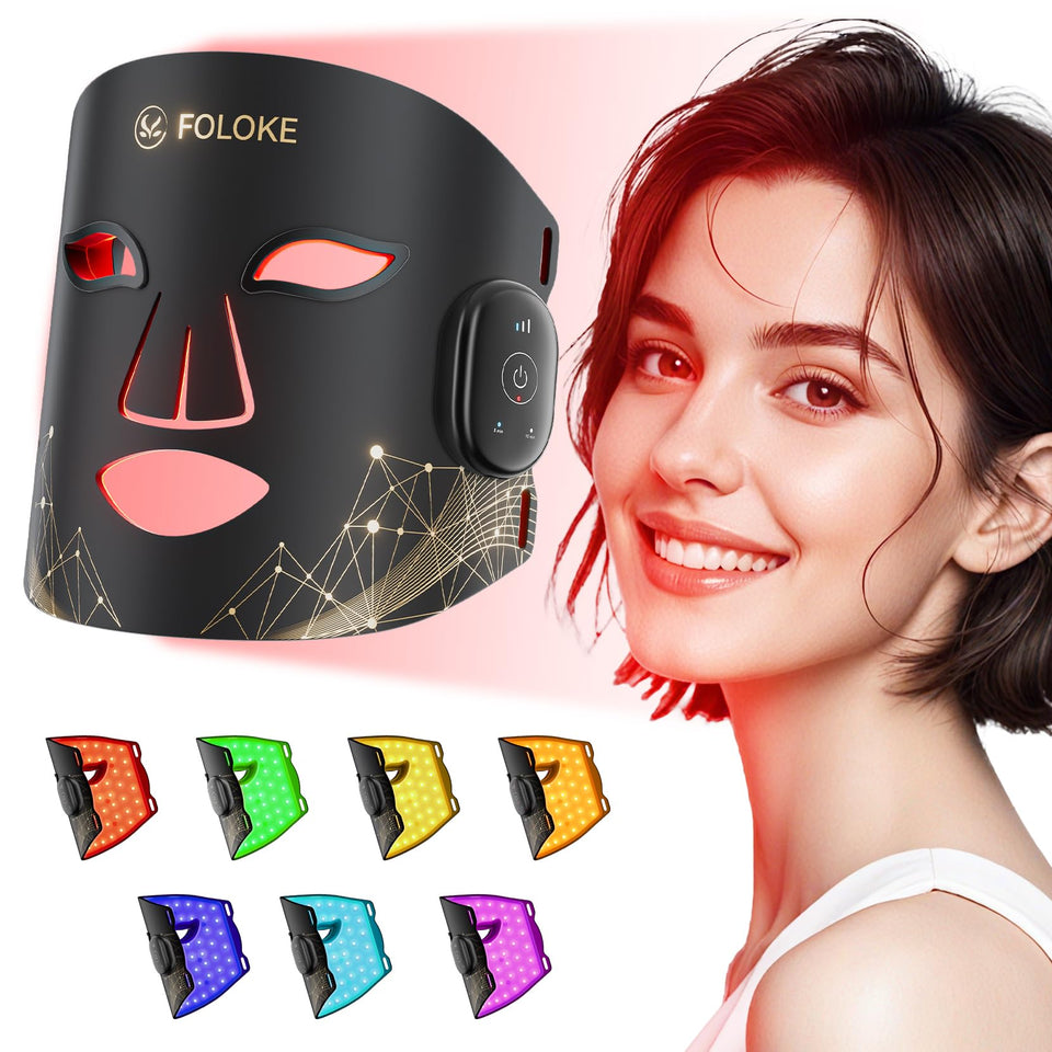 Foloke red light mask on the face for at-home skincare and rejuvenation.
