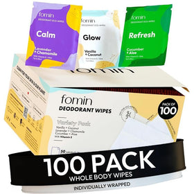 FOMIN acidified travel wipes in a compact pack for on-the-go freshness
