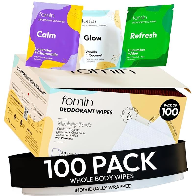 FOMIN acidified travel wipes in a compact pack for on-the-go freshness