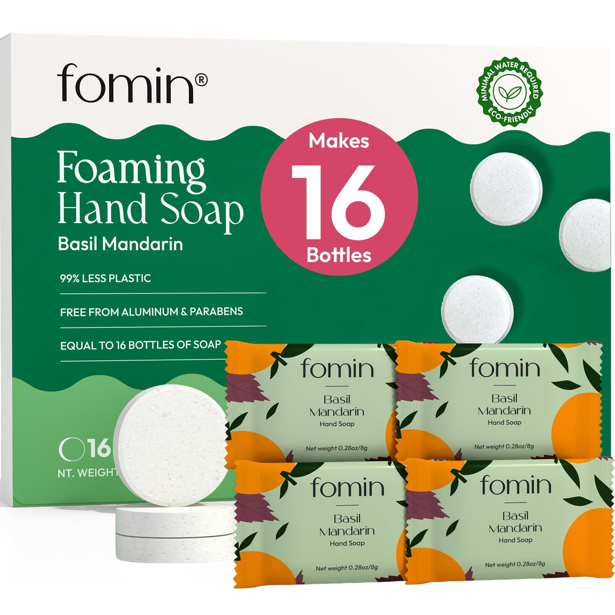 FOMIN Basil Mandarin foaming tablets pack for compact, convenient refills.