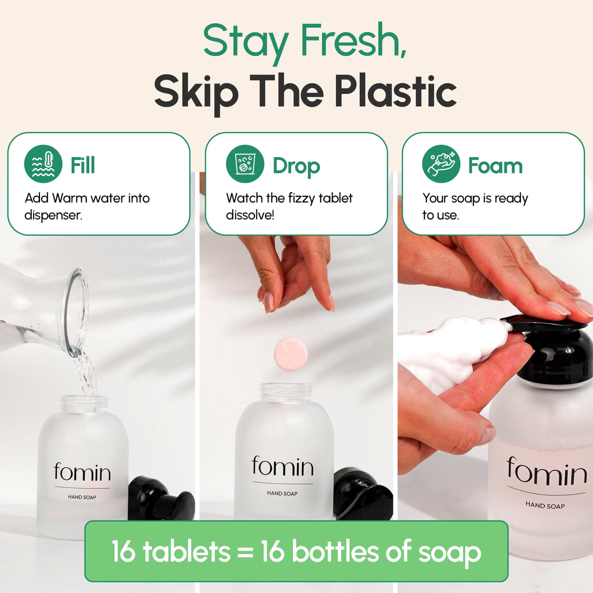 Refilling a foam soap dispenser with FOMIN tablet for fresh lather.