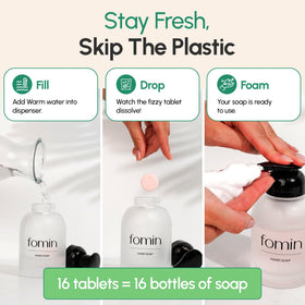 Refilling a foam soap dispenser with FOMIN tablet for fresh lather.