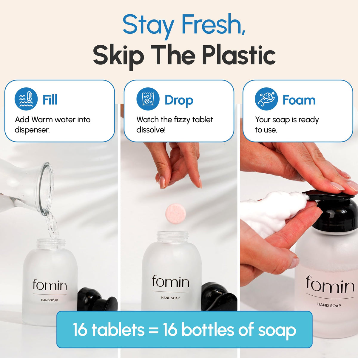 FOMIN tablet dissolving in warm water to produce foam soap.