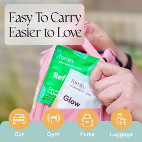FOMIN biodegradable wipes highlight eco-friendly materials and plastic-free packaging.