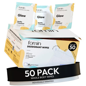 FOMIN Travel Deodorant Wipes in glowing coconut and vanilla pack for on-the-go freshness.