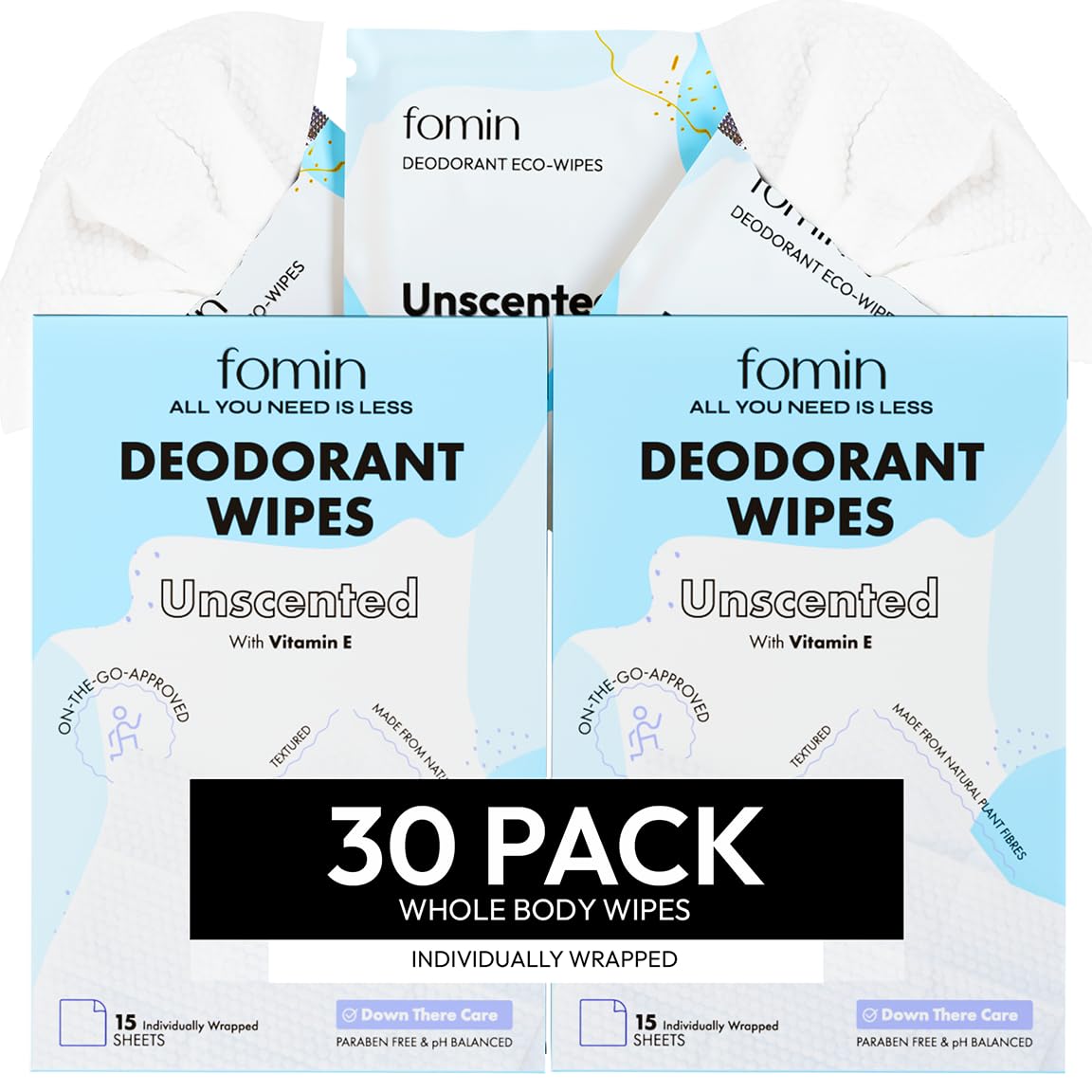 FOMIN Travel Deodorant Wipes unscented pack for on-the-go freshness and odor control