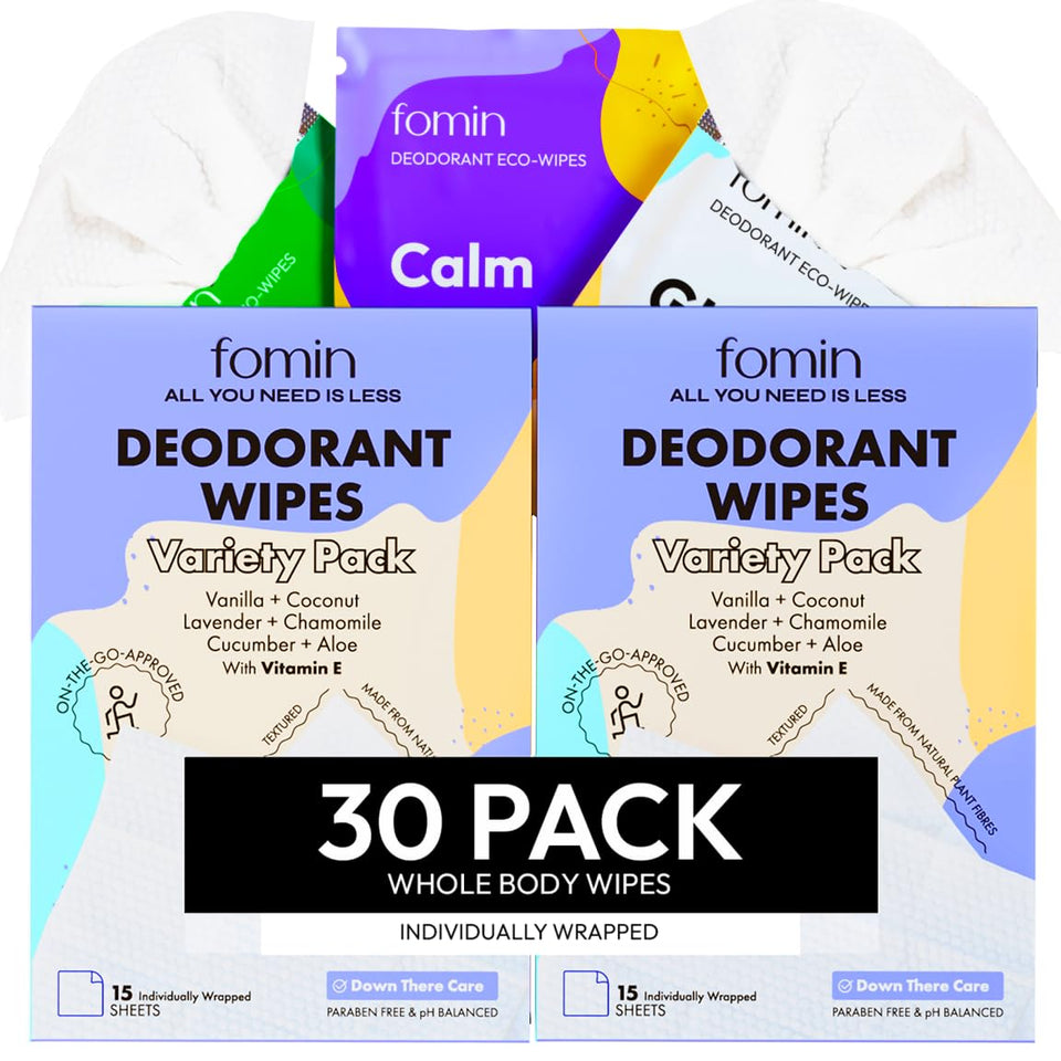 FOMIN travel deodorant wipes variety pack for on-the-go freshness.