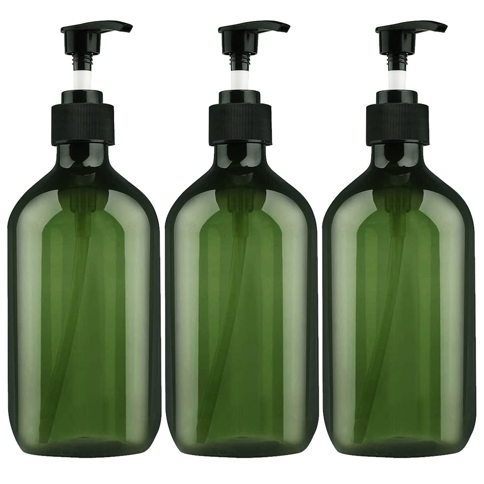 FOOCHY empty bottles with pump dispenser in green, ideal for travel-ready liquids.