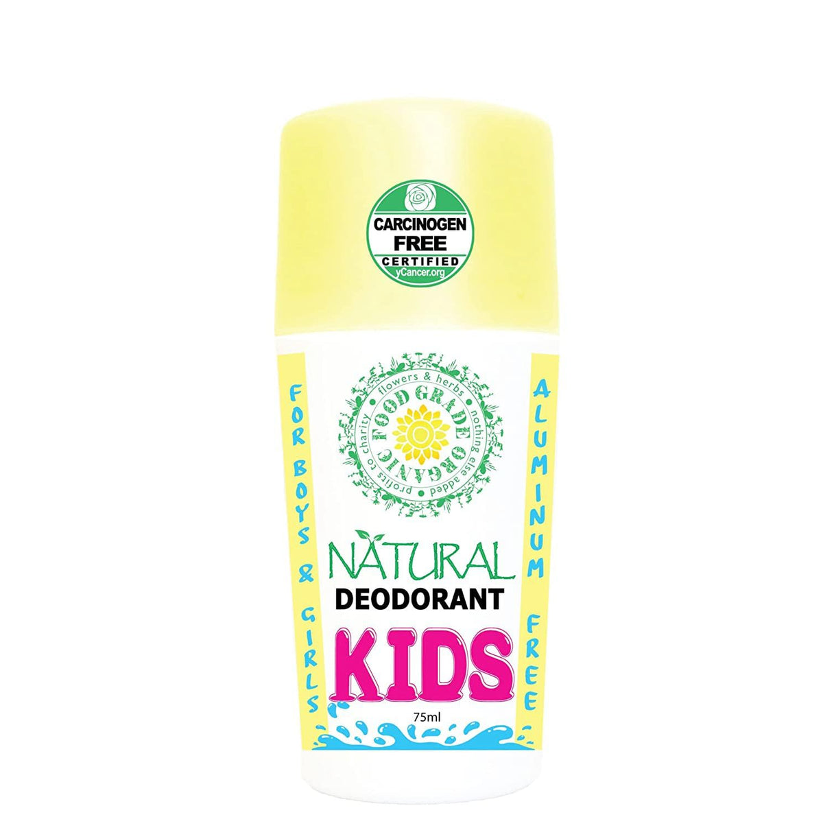 FoodGradeOrganic Kids Roll-On deodorant bottle with aluminum-free odor protection for sensitive skin.