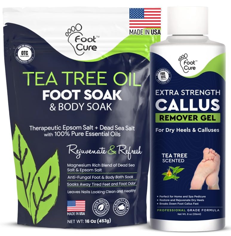 FOOT CURE Tea Tree Foot Soak bottle shows a relaxing soak for tired feet