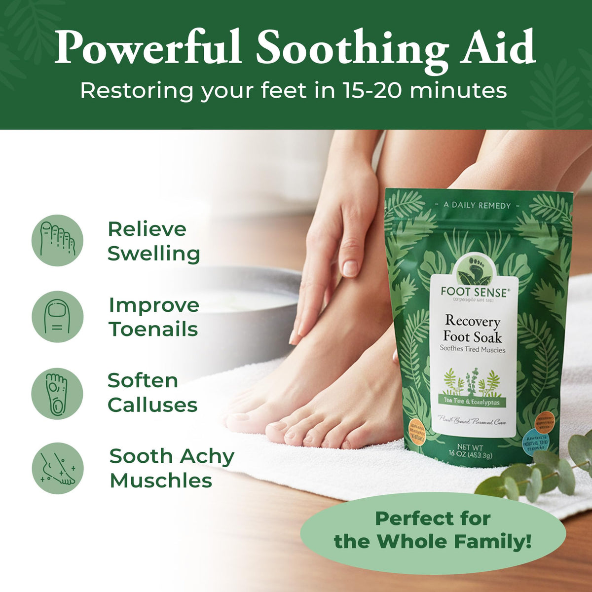 Close-up of Foot Sense Detox Foot Soak ingredients with botanicals and essential oils.
