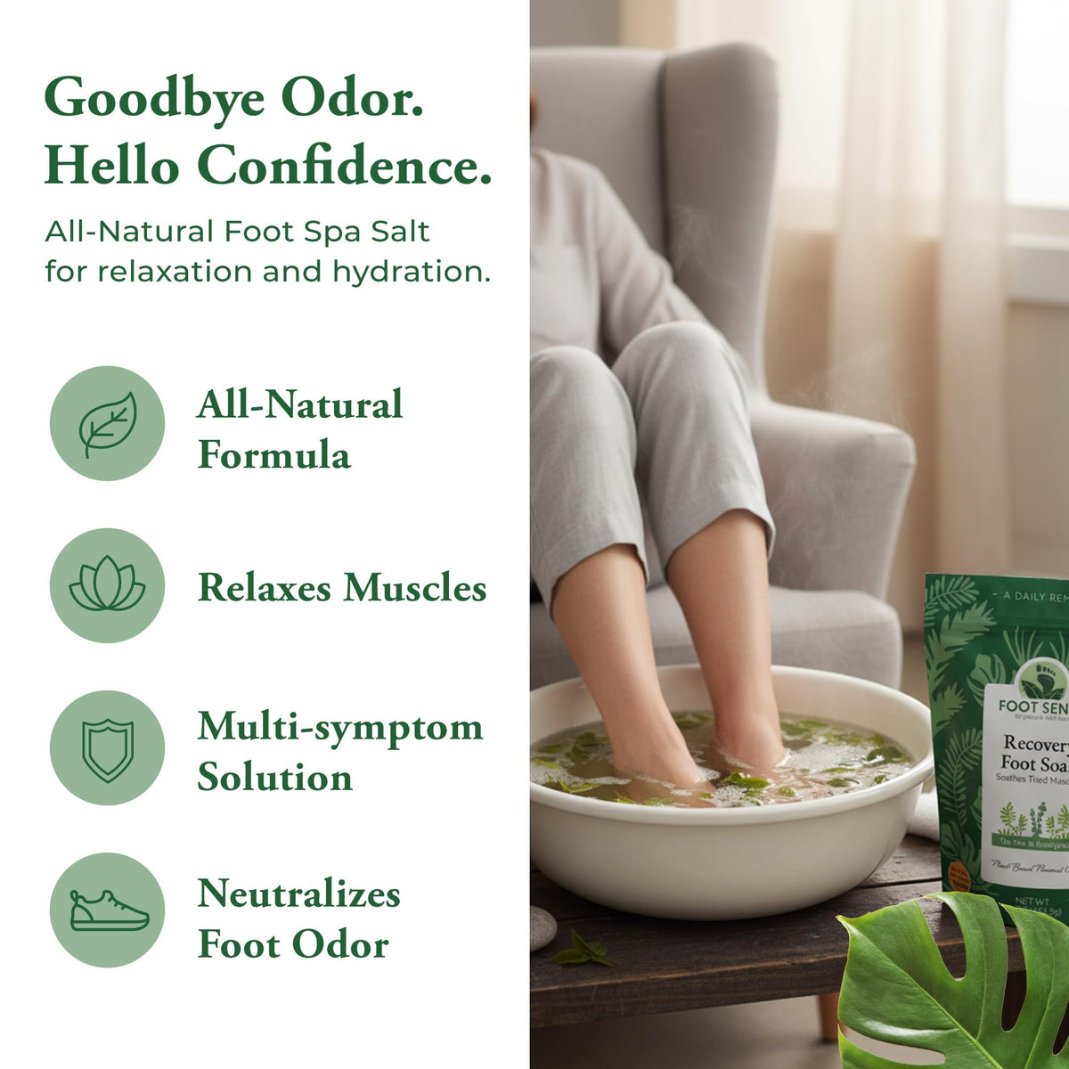 Foot Sense Detox Foot Soak ingredients bowl highlighting tea tree and Epsom salt for soothing care.