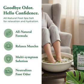 Foot Sense Detox Foot Soak ingredients bowl highlighting tea tree and Epsom salt for soothing care.
